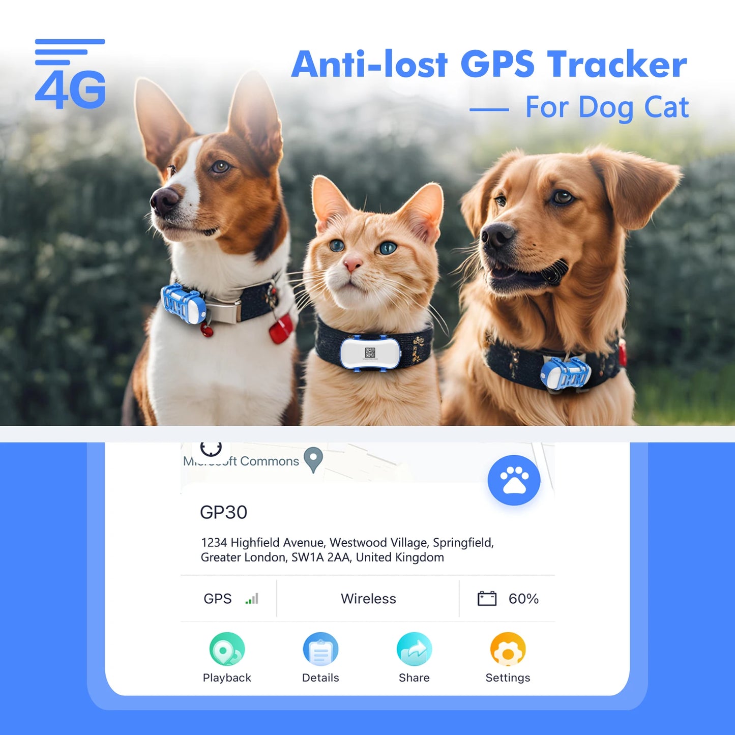 ‌4G Dog Cat GPS Tracker for Pets - Waterproof Smart Locator